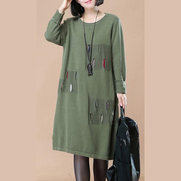 vintage green split knit dress trendy plus size long knit sweaters women patchwork pullover sweater - Omychic