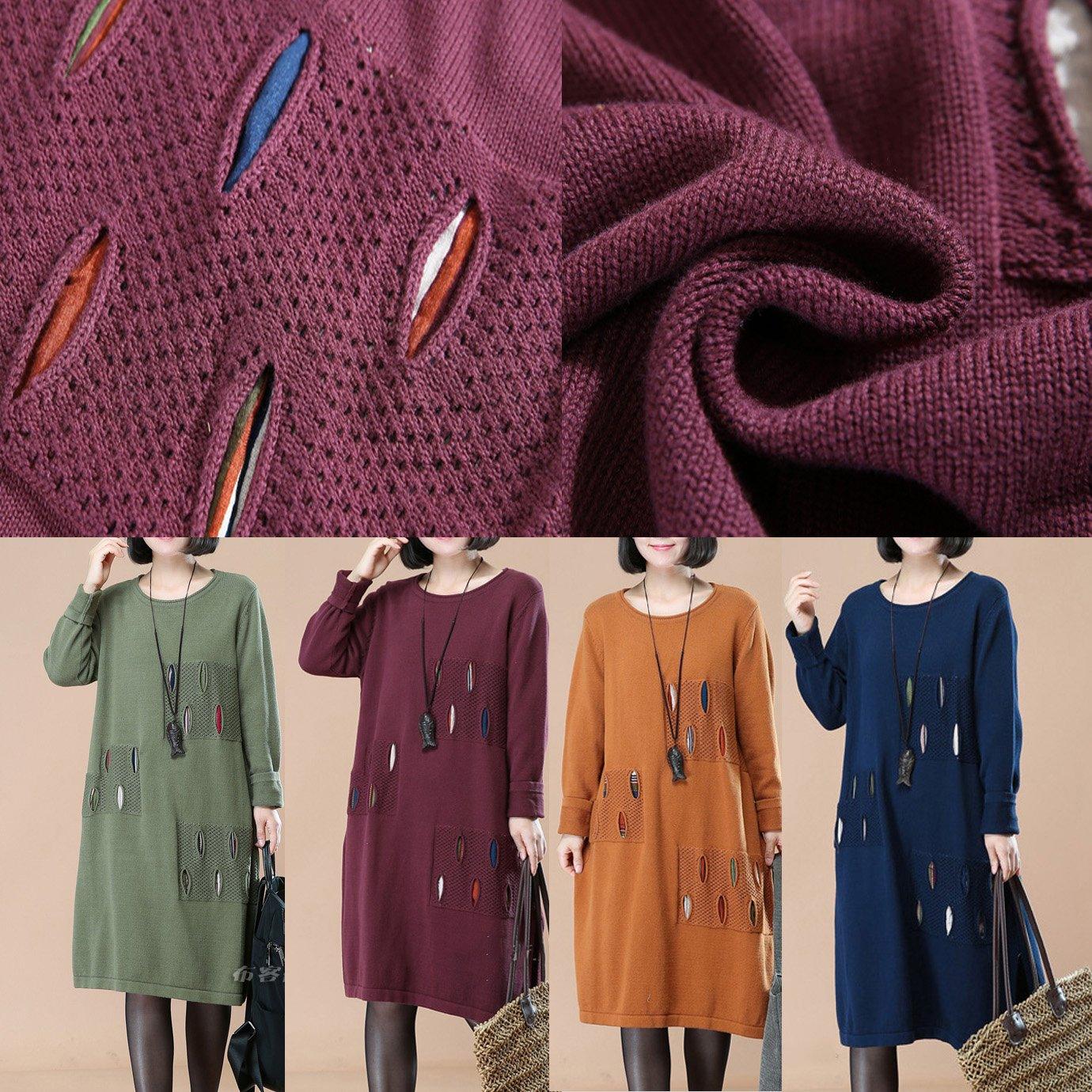 vintage green split knit dress trendy plus size long knit sweaters women patchwork pullover sweater - Omychic