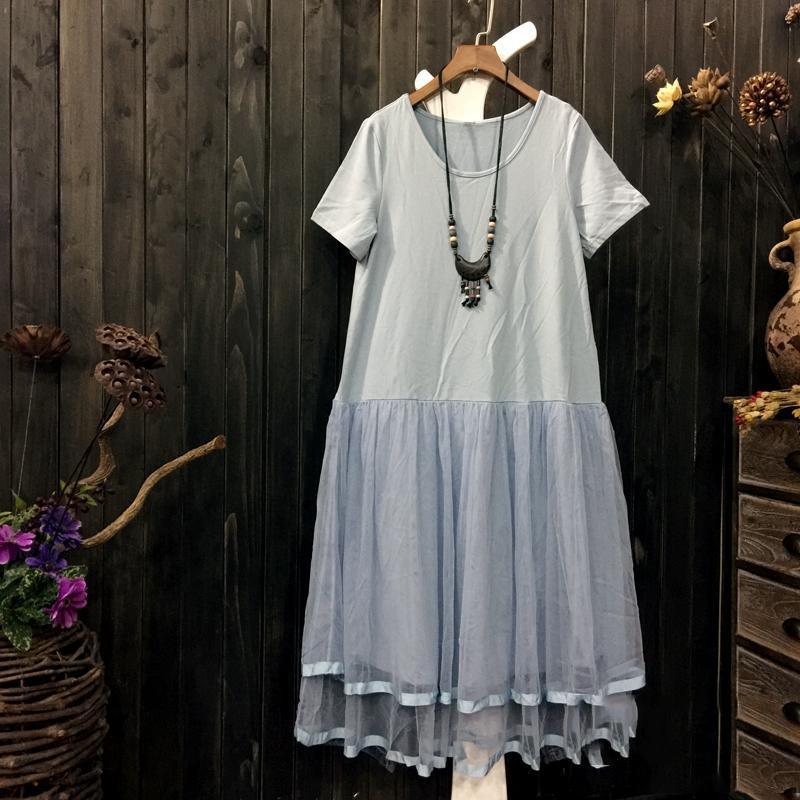 vintage light blue  Midi linen dresses casual linen maxi dress Elegant o neck patchwork lace knee dresses - Omychic
