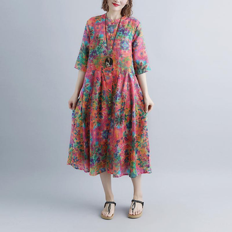 vintage linen caftans plus size Printed Flax Single Breasted Stand Collar Dress - Omychic