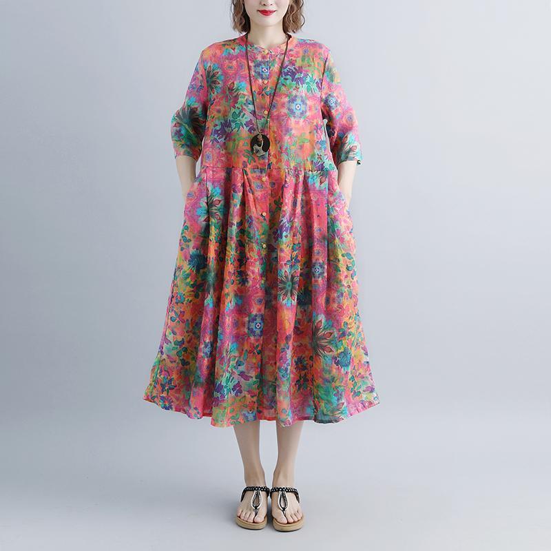 vintage linen caftans plus size Printed Flax Single Breasted Stand Collar Dress - Omychic