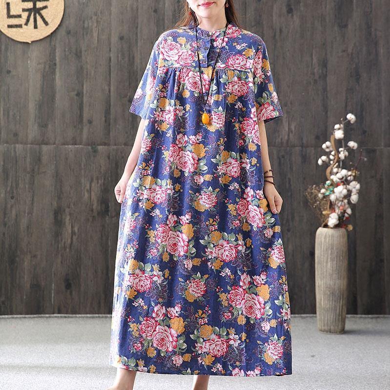 vintage linen maxi dress oversized Casual Summer Floral Short Sleeve Loose Dress - Omychic