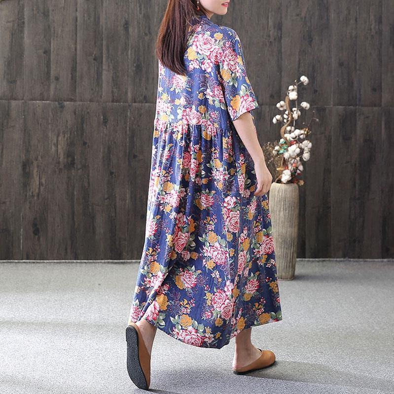 vintage linen maxi dress oversized Casual Summer Floral Short Sleeve Loose Dress - Omychic