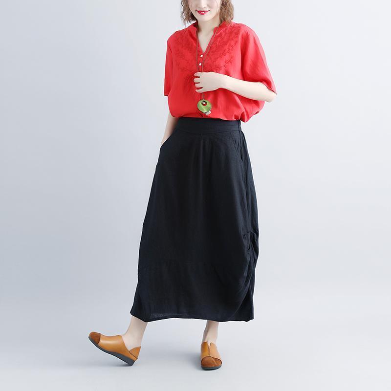 vintage linen maxi skirt oversize Women  Casual Summer Pockets Black Long Skirts - Omychic