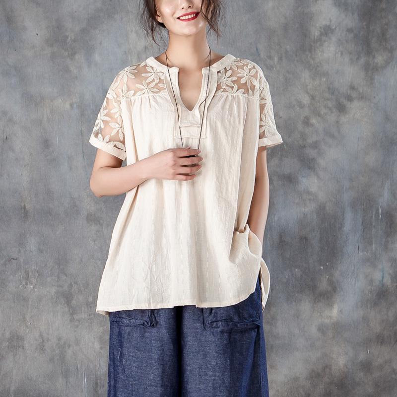 vintage linen tops trendy plus size Casual V Neck Short Sleeve Splicing Beige Tops - Omychic