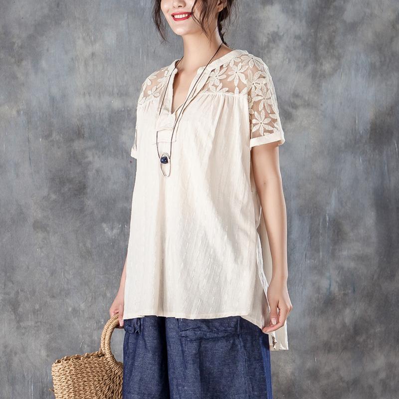 vintage linen tops trendy plus size Casual V Neck Short Sleeve Splicing Beige Tops - Omychic