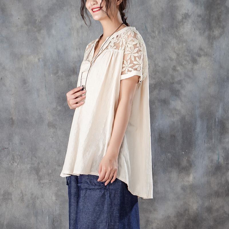 vintage linen tops trendy plus size Casual V Neck Short Sleeve Splicing Beige Tops - Omychic