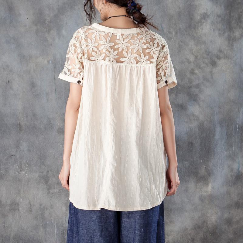 vintage linen tops trendy plus size Casual V Neck Short Sleeve Splicing Beige Tops - Omychic