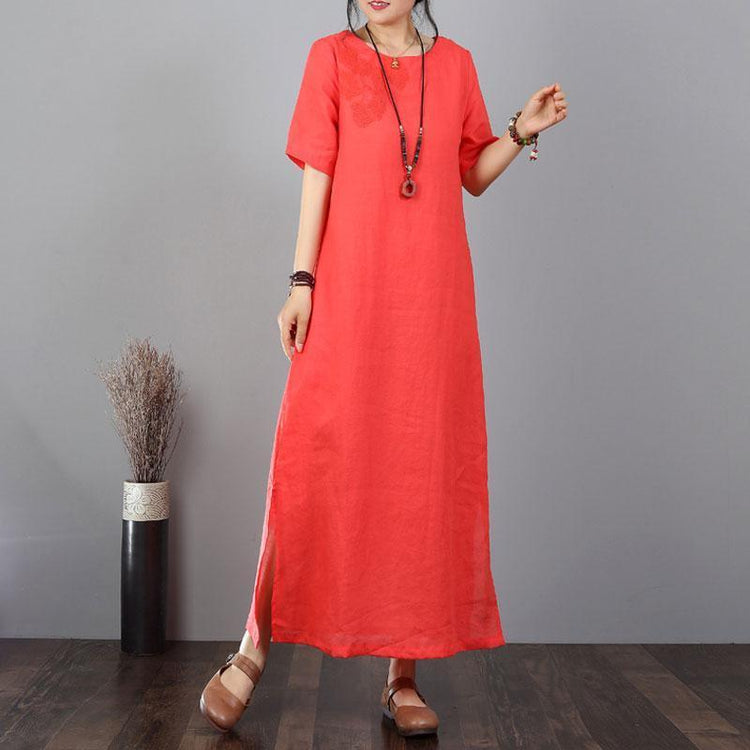 vintage long cotton dresses oversized Cotton Linen Embroidered Red Short Sleeve Dress - Omychic