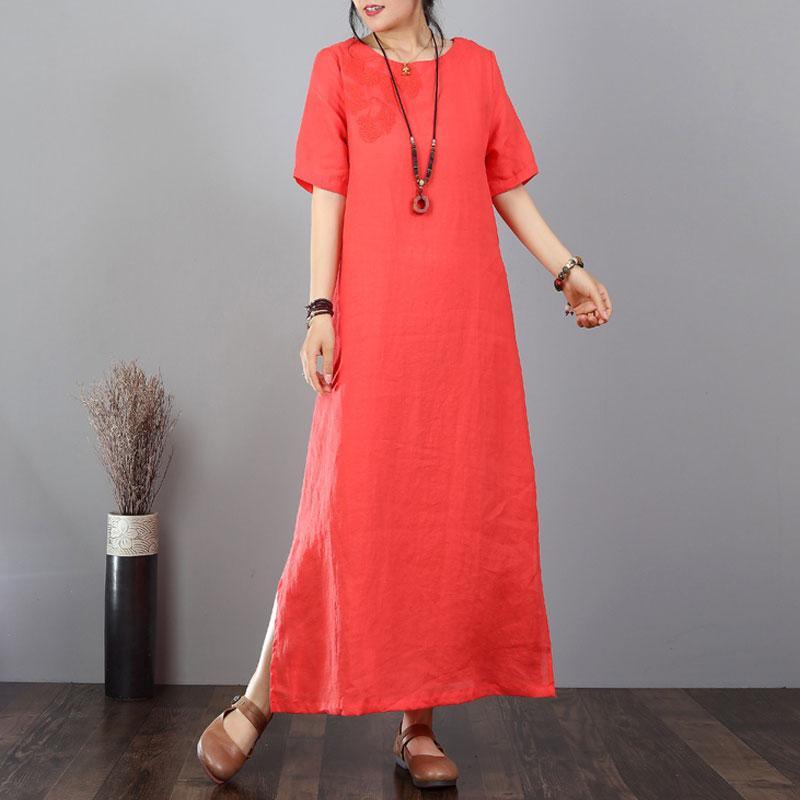 vintage long cotton dresses oversized Cotton Linen Embroidered Red Short Sleeve Dress - Omychic