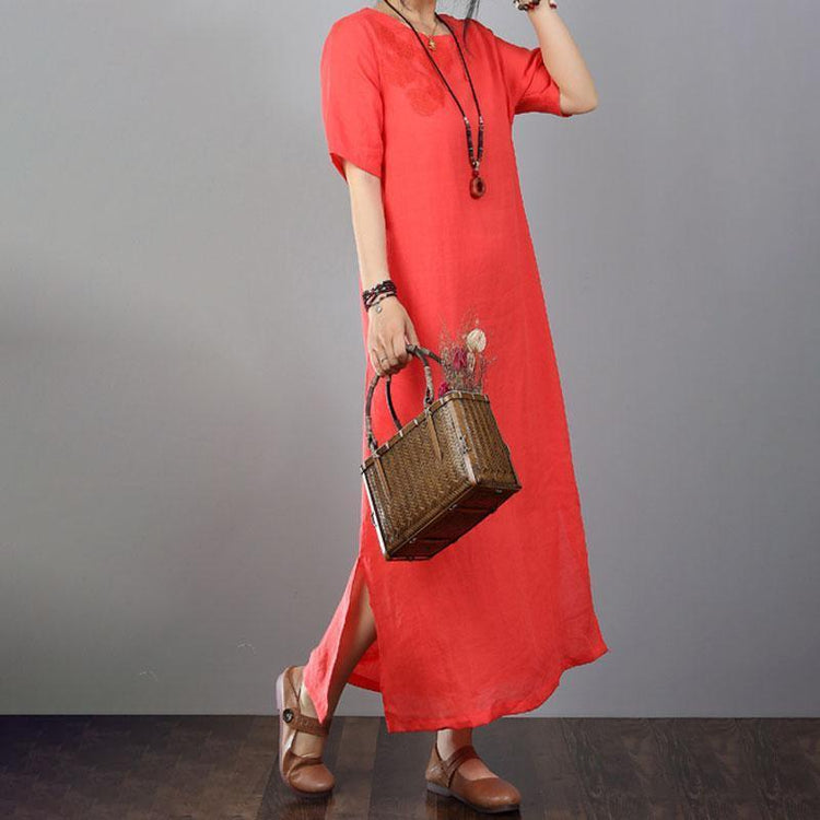 vintage long cotton dresses oversized Cotton Linen Embroidered Red Short Sleeve Dress - Omychic