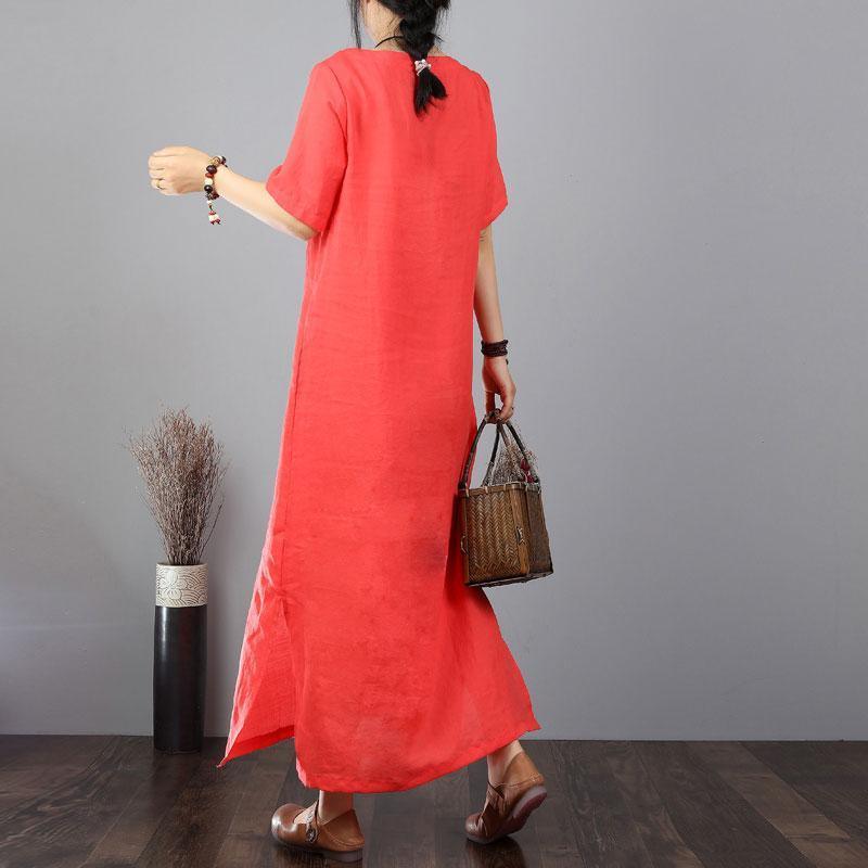 vintage long cotton dresses oversized Cotton Linen Embroidered Red Short Sleeve Dress - Omychic