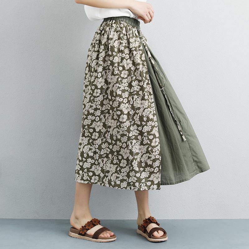 vintage natural linen skirt oversize Summer Floral Casual Lacing Long Skirts - Omychic