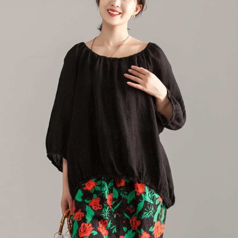vintage natural linen t shirt plus size Long Sleeve Black Casual Linen Boat Neck Blouse - Omychic