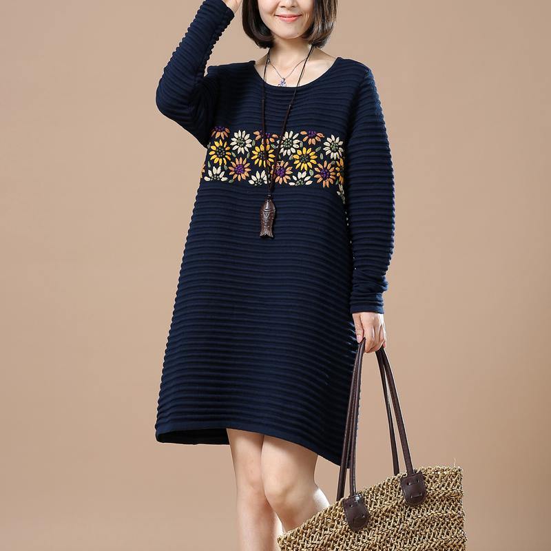 vintage navy joyful sunflower knit dresses spring fashion sweaters vintage long sweaters - Omychic