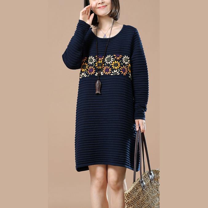 vintage navy joyful sunflower knit dresses spring fashion sweaters vintage long sweaters - Omychic