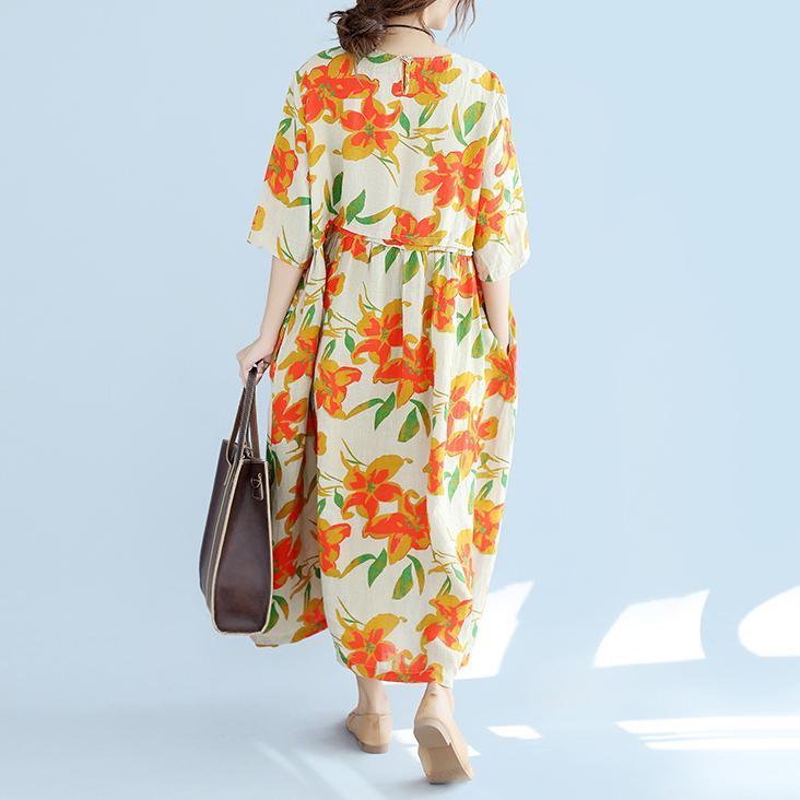 vintage orange floral linen maxi dress plus size patchwork gown New bracelet sleeve caftans - Omychic
