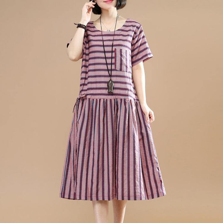 vintage pink striped linen shift dresses plus size casual dress Fine drawstring short sleeve midi dress - Omychic