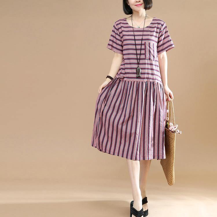 vintage pink striped linen shift dresses plus size casual dress Fine drawstring short sleeve midi dress - Omychic