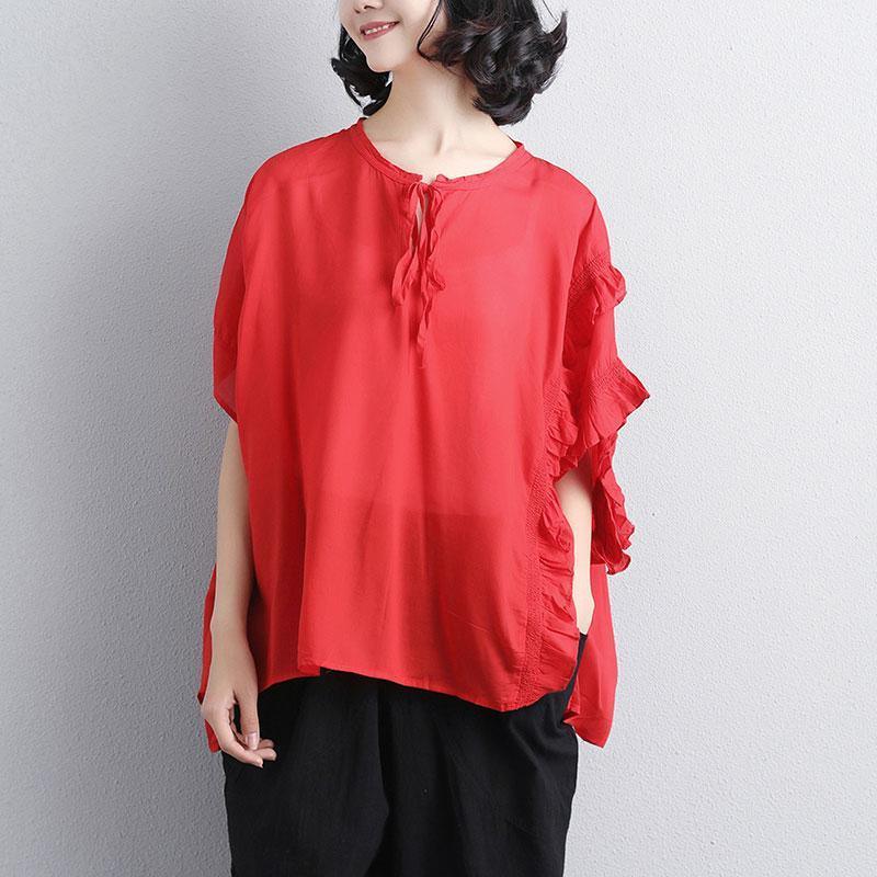vintage pure cotton blouse oversized Loose Summer Short Sleeve Red Lacing Women Tops - Omychic