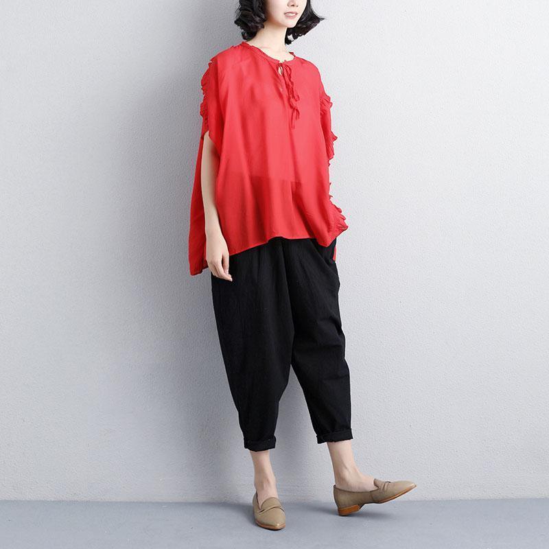 vintage pure cotton blouse oversized Loose Summer Short Sleeve Red Lacing Women Tops - Omychic