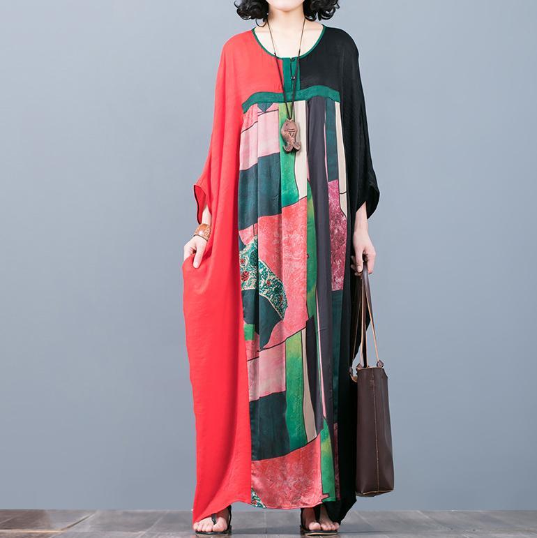 vintage red black patchwork  natural silk dress  oversize prints traveling clothing vintage batwing sleeve maxi dresses - Omychic