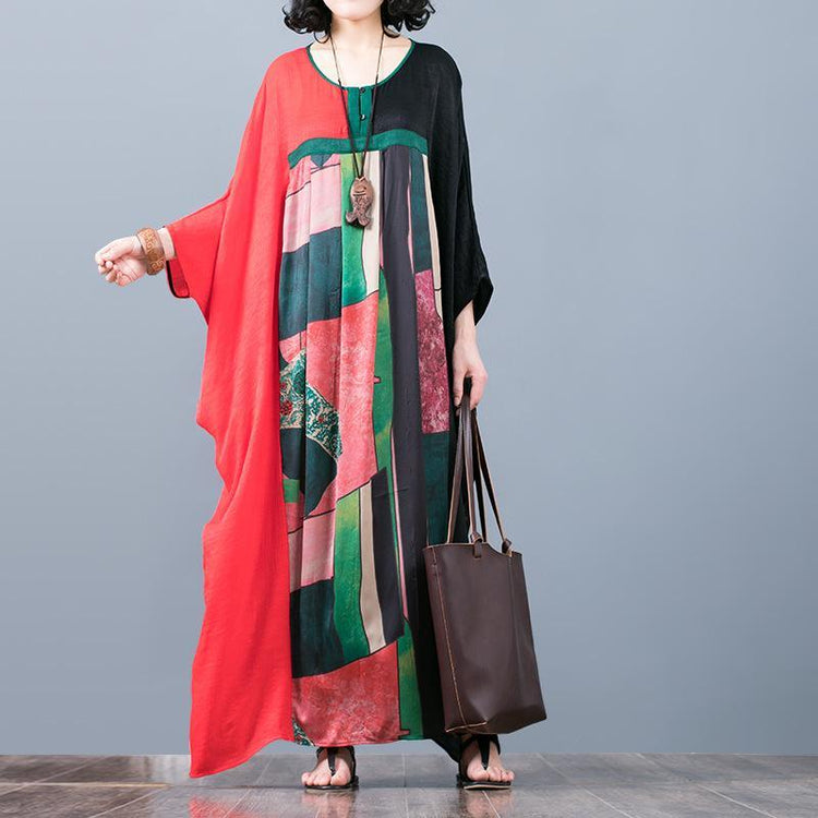 vintage red black patchwork  natural silk dress  oversize prints traveling clothing vintage batwing sleeve maxi dresses - Omychic