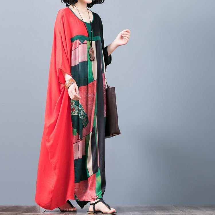 vintage red black patchwork  natural silk dress  oversize prints traveling clothing vintage batwing sleeve maxi dresses - Omychic