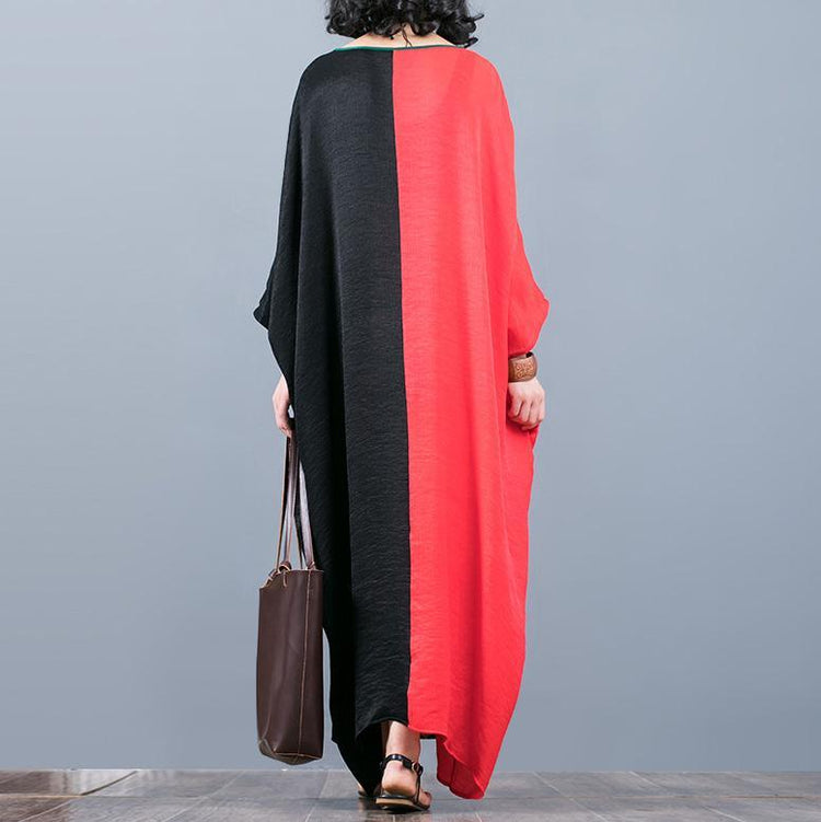 vintage red black patchwork  natural silk dress  oversize prints traveling clothing vintage batwing sleeve maxi dresses - Omychic