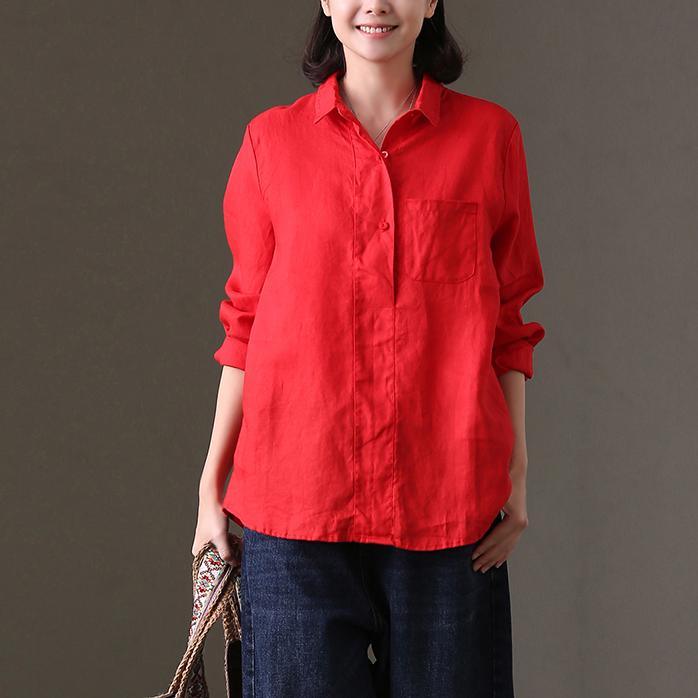 vintage red linen tops oversize holiday tops vintage lapel collar long sleeve linen clothing t shirt - Omychic