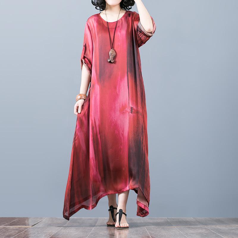 vintage red natural silk dress  plus size asymmetric gown vintage o neck maxi dresses - Omychic