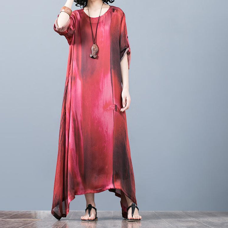 vintage red natural silk dress  plus size asymmetric gown vintage o neck maxi dresses - Omychic