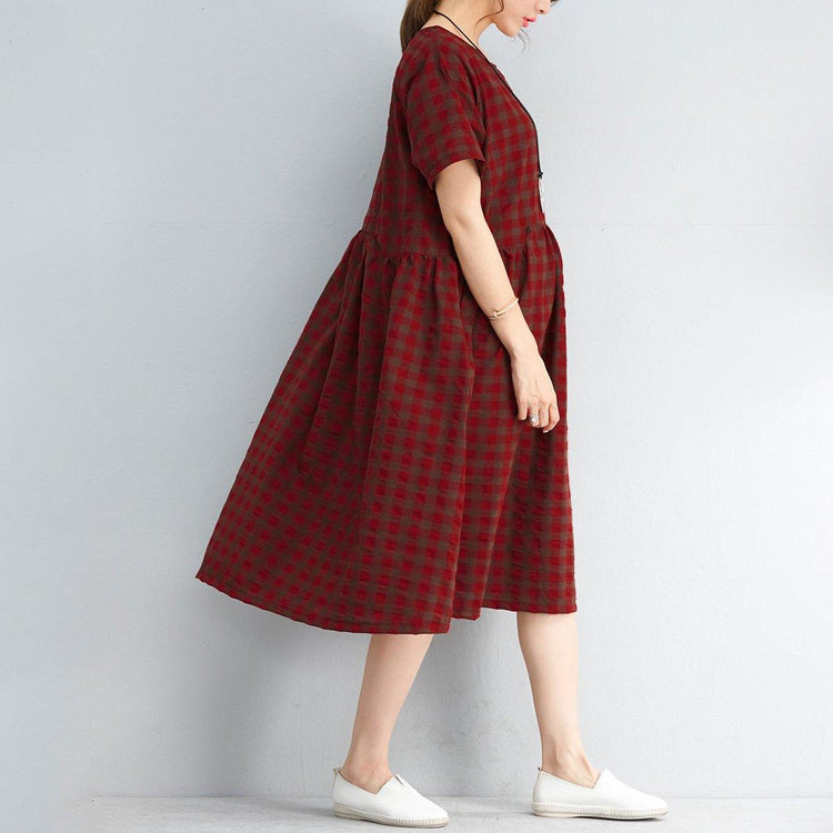 vintage red plaid natural linen dress  Loose fitting linen cotton dress Elegant short sleeve knee dresses - Omychic