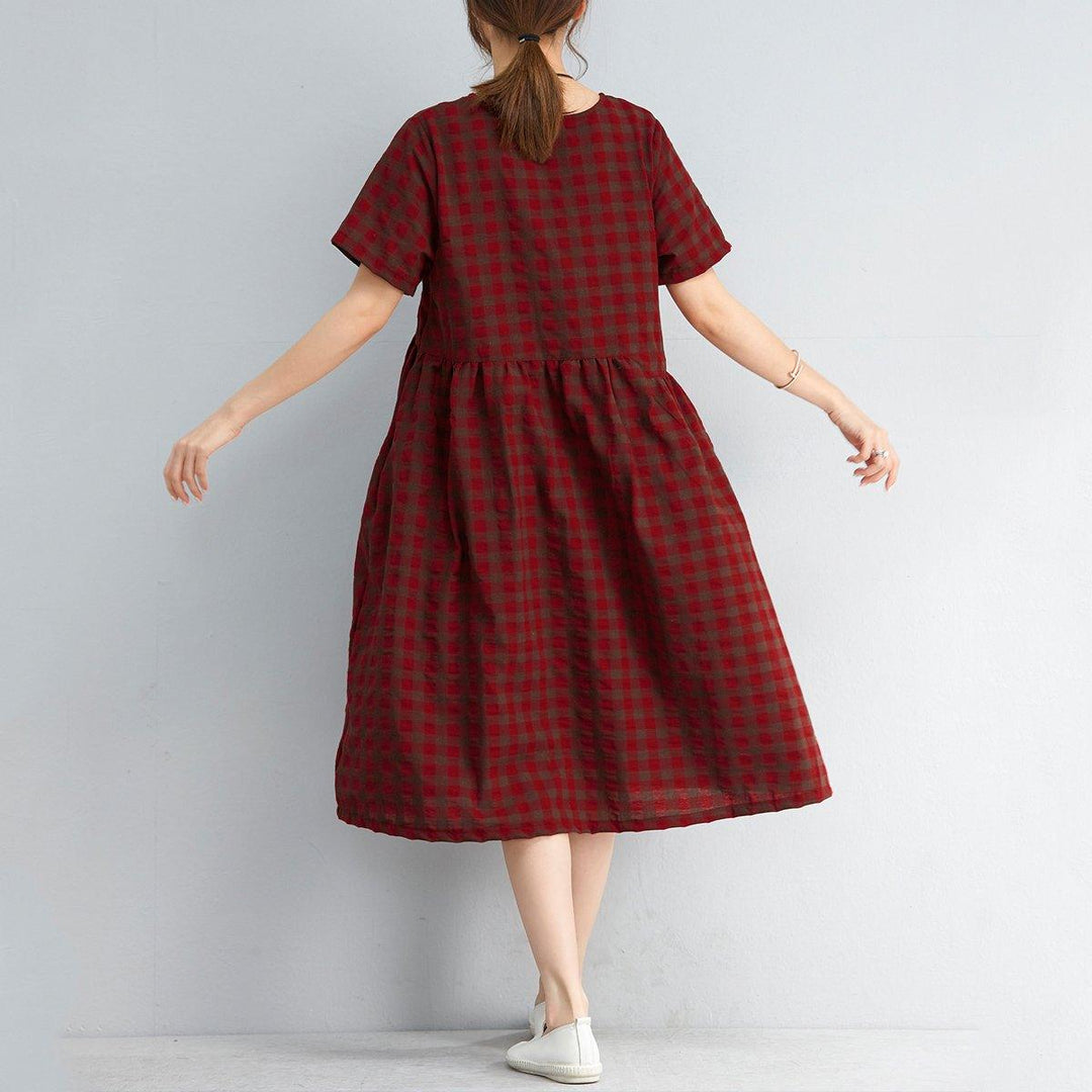 vintage red plaid natural linen dress  Loose fitting linen cotton dress Elegant short sleeve knee dresses - Omychic