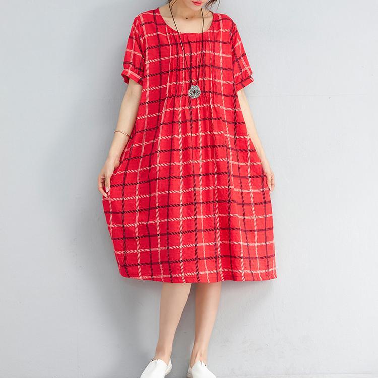 vintage red plaid pure linen dresses plus size linen clothing dress women o neck short sleeve cotton clothing - Omychic