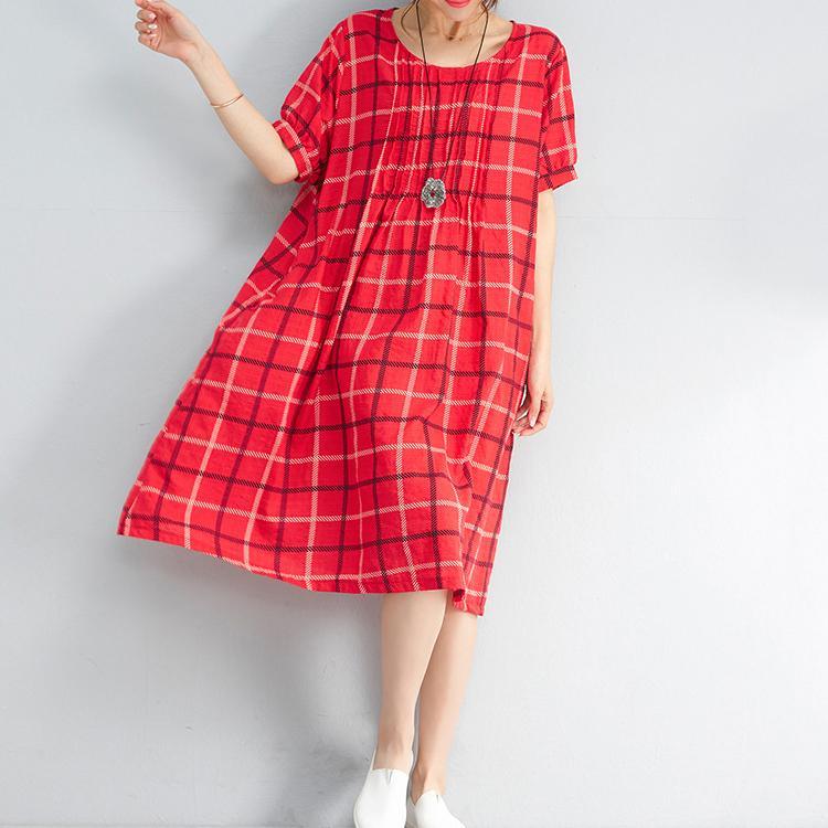 vintage red plaid pure linen dresses plus size linen clothing dress women o neck short sleeve cotton clothing - Omychic