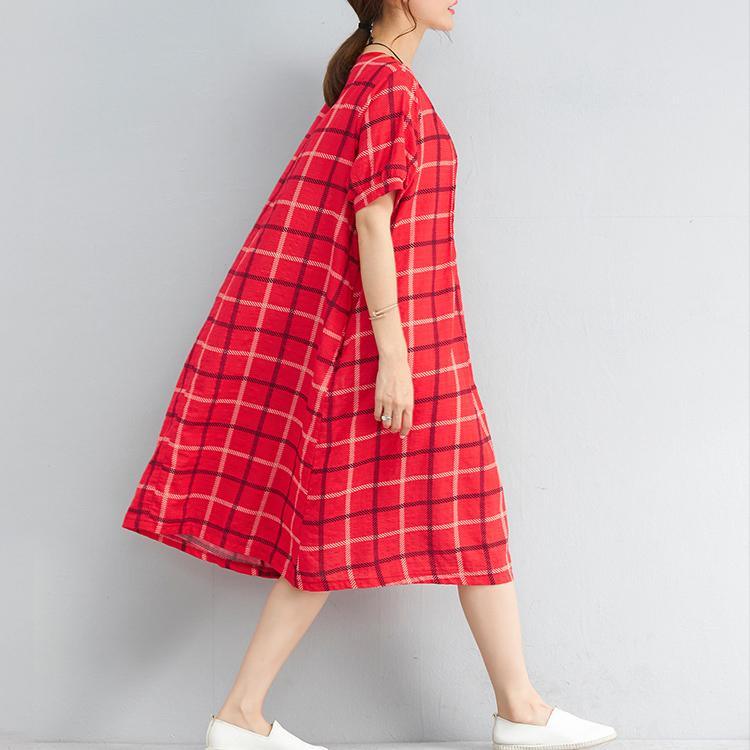 vintage red plaid pure linen dresses plus size linen clothing dress women o neck short sleeve cotton clothing - Omychic