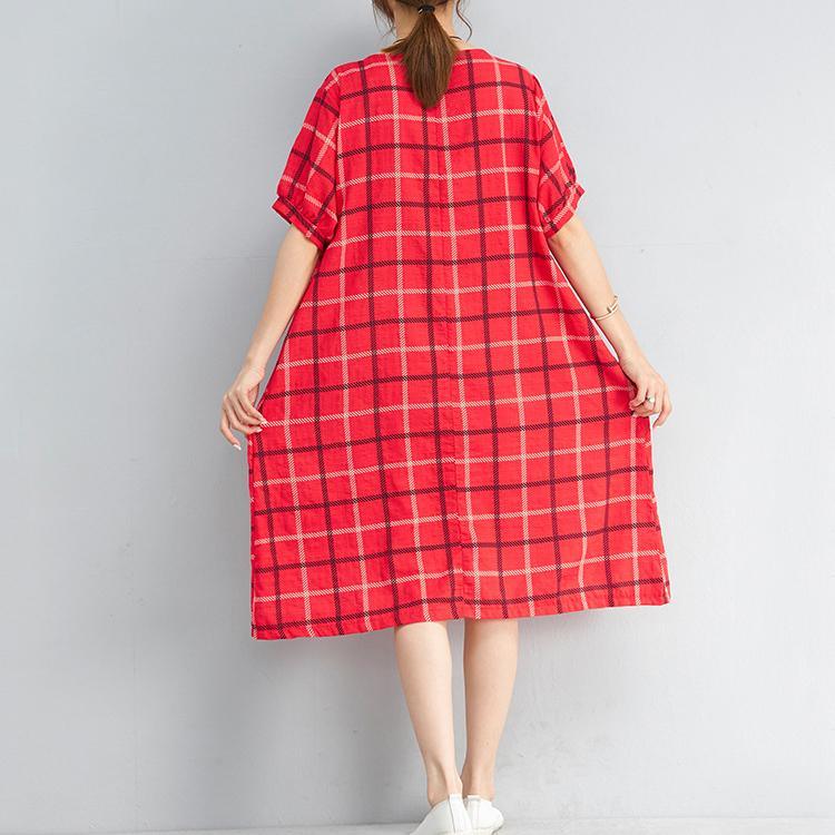 vintage red plaid pure linen dresses plus size linen clothing dress women o neck short sleeve cotton clothing - Omychic