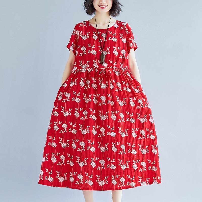 vintage red print cotton dresses plussize short sleeve clothing dresses boutique tie waist dress - Omychic