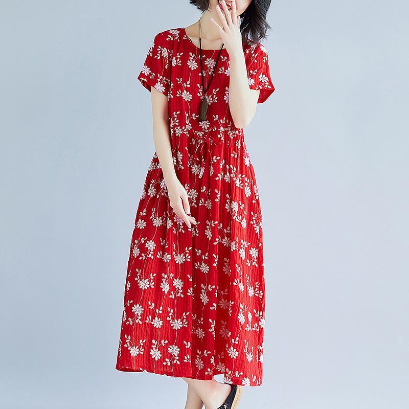 vintage red print cotton dresses plussize short sleeve clothing dresses boutique tie waist dress - Omychic