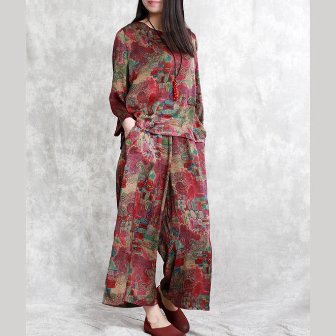 Vintage Chiffon Prints O Neck Short Tops And Wide Leg Pants Two Pieces ( Limited Stock) - Omychic