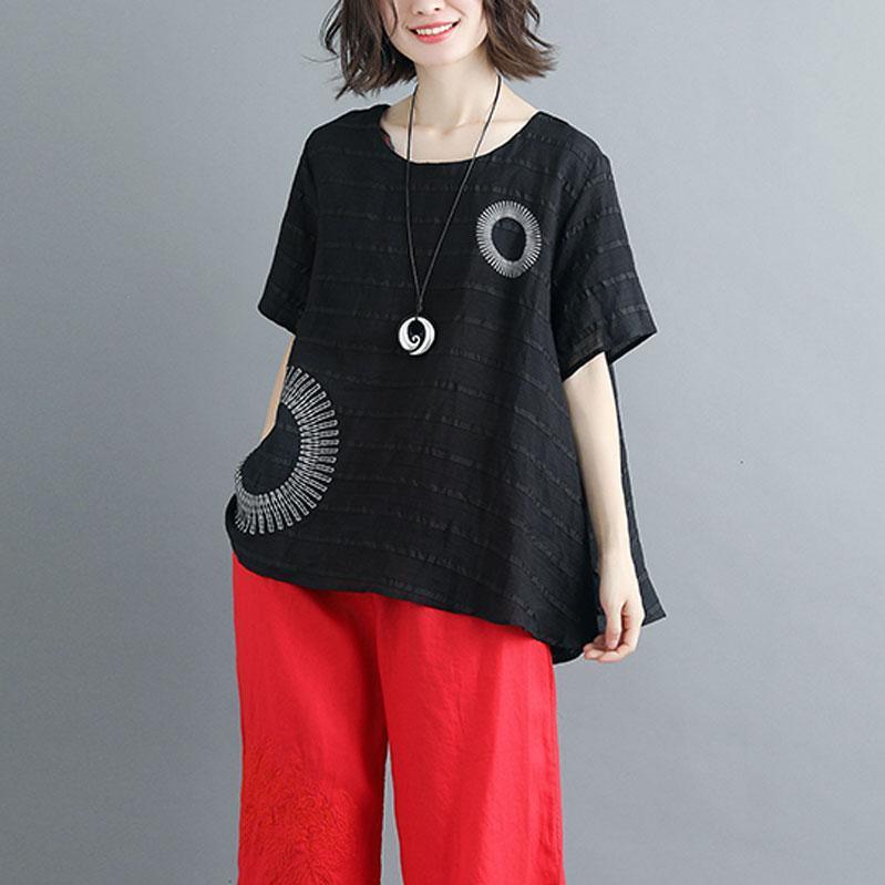 vintage summer linen tops oversized Casual Summer Short Sleeve Stripe Black Blouse - Omychic