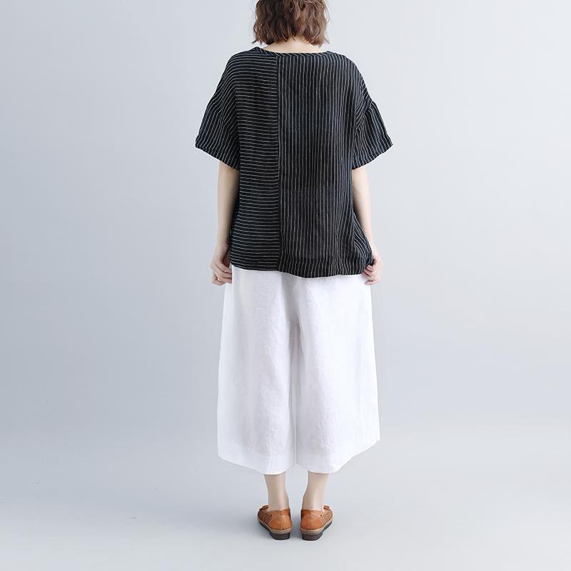 vintage summer linen topsplus size clothing Black Short Sleeve Embroidery Stripe Summer Women Tops - Omychic