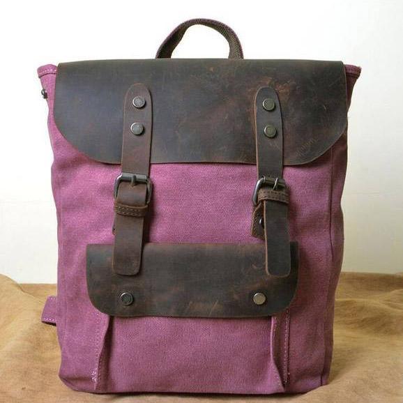 vintage women leather canvas backkpack - Omychic