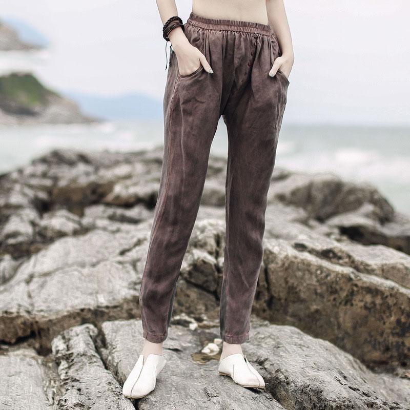 vogue pockets chocolate silk blended elastic waist trousers - Omychic
