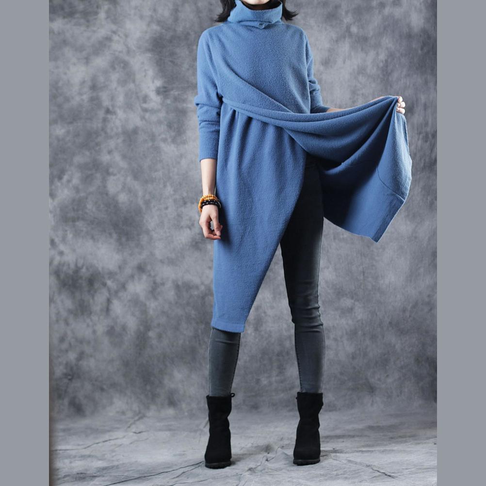 Warm Blue Cozy Sweater Casual High Neck Knit Sweat Tops 2021 Front Back Side Open Winter Tops - Omychic