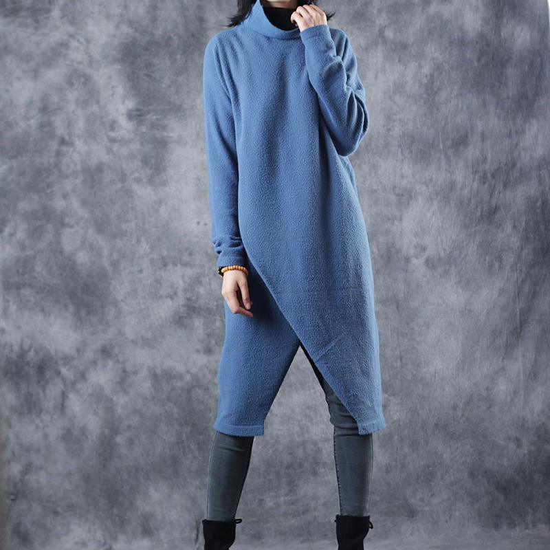 Warm Blue Cozy Sweater Casual High Neck Knit Sweat Tops 2021 Front Back Side Open Winter Tops - Omychic