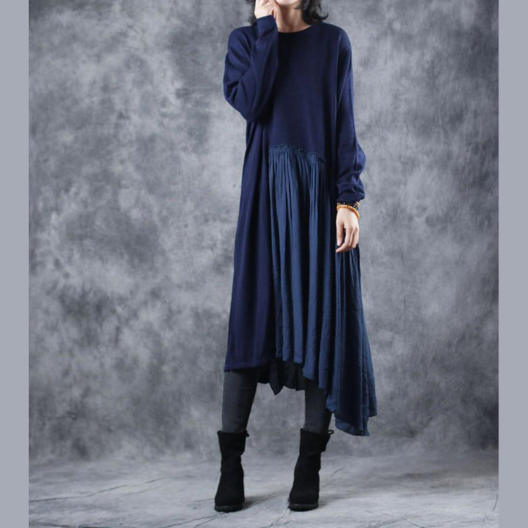 warm blue sweater dresses plus size clothing o neck wrinkled pullover sweater Elegant patchwork winter dresses - Omychic