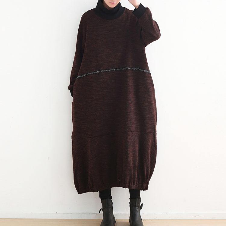 warm brown knit dresses casual high neck spring dresses vintage baggy winter dress - Omychic