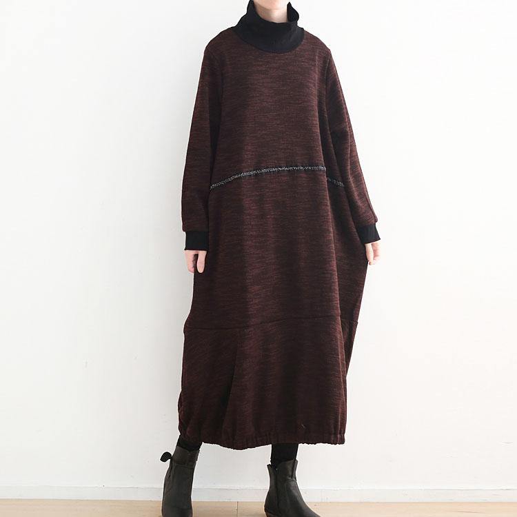 warm brown knit dresses casual high neck spring dresses vintage baggy winter dress - Omychic